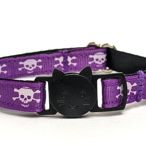 Purple Skulls and Crossbones Cat Collar - Handmade Breakaway Kitty Collar With Removable Bell
