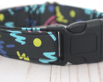 1980s Retro Style Dog Collar - Colorful Rad Black 80s Handmade Fabric Pet Collar