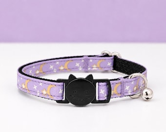 Lilac Purple Shiny Stars and Moons Cat Collar - Breakaway Lavender Kitty Collar + Bell
