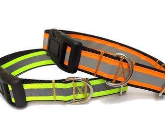 Reflective Dog Collar - Bright Orange or Neon Yellow - for Hiking, Night Walks, High Visibility, Safety Adjustable Pet Collar, Handmade