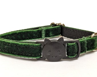 Forest Green Velvet Cat Collar - Soft Breakaway Kitty Collar With Removable Bell