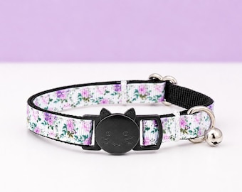 Purple Floral Cat Collar - Breakaway Collar With Bell