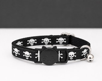 Black Skull and Crossbones Cat Collar - Halloween Breakaway Safety Kitty Collar + Bell
