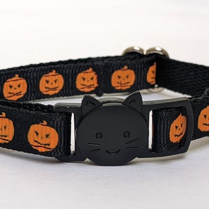 Pumpkin Halloween Cat Collar - Orange Jack-o-lanterns on Black Breakaway Kitty Collar With Removable Bell