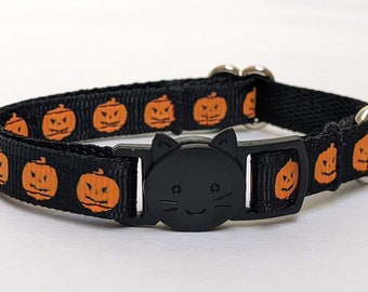 Pumpkin Halloween Cat Collar - Orange Jack-o-lanterns on Black Breakaway Kitty Collar With Removable Bell