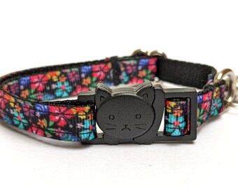 Pretty Flowers on Black Cat Collar, Breakaway Safety Kitty Collar With Bell for Kittens, Large or Small Cats