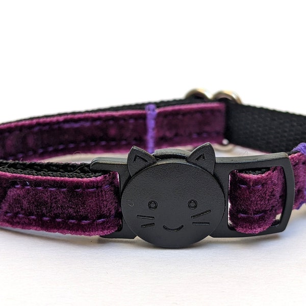 Regal Purple Velvet Cat Collar - Soft Luxury Breakaway Safety Cat Collar with Bell - Dark Purple Thin Adjustable Kitty Collar