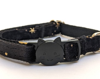 Soft Black Velvet Cat Collar With Stars - Breakaway Kitty Collar With Removable Bell