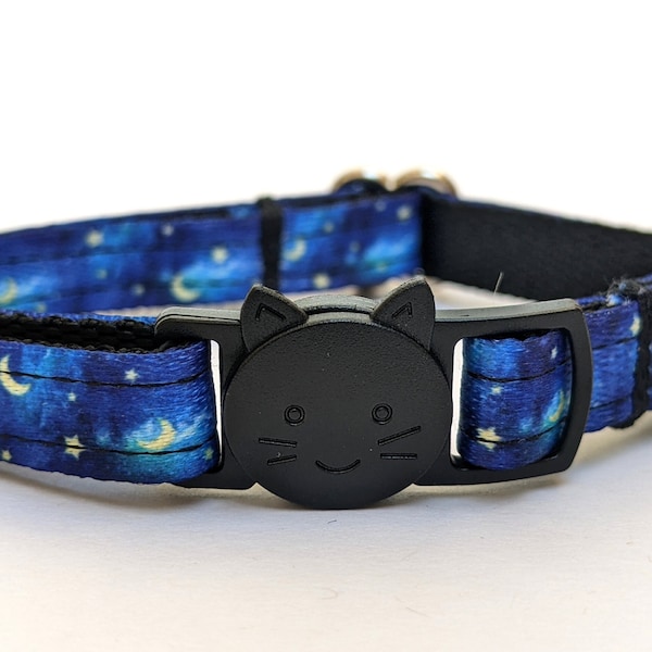 Galaxy Moons Cat Collar - Blue Cosmo Breakaway Collar With Bell for Kittens, Small, and Large Cats