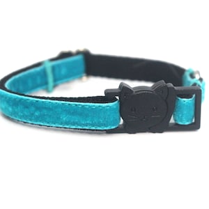 Turquoise Velvet Cat Collar Soft Luxury Breakaway Safety Cat Collar with Bell Ocean Teal, Thin Adjustable Kitty Collar image 3