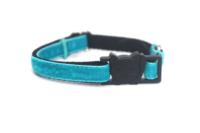 Turquoise Velvet Cat Collar Soft Luxury Breakaway Safety Cat Collar with Bell Ocean Teal, Thin Adjustable Kitty Collar image 3