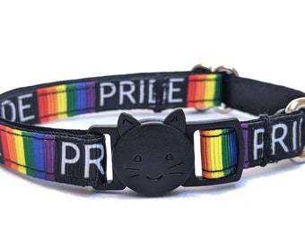 Collar para gatos Pride - Arcoíris sobre negro, estilo breakaway, con cascabel para gatitos, gatos pequeños y grandes