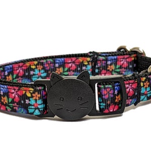 Pretty Flowers on Black Cat Collar, Breakaway Safety Kitty Collar With Bell for Kittens, Large or Small Cats