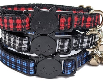 Plaid Cat and Small Dog Collars | 3 Colors - Red, Blue, Black & White | Traditional Buffalo Check | Breakaway Collar With Bell | 3 Sizes
