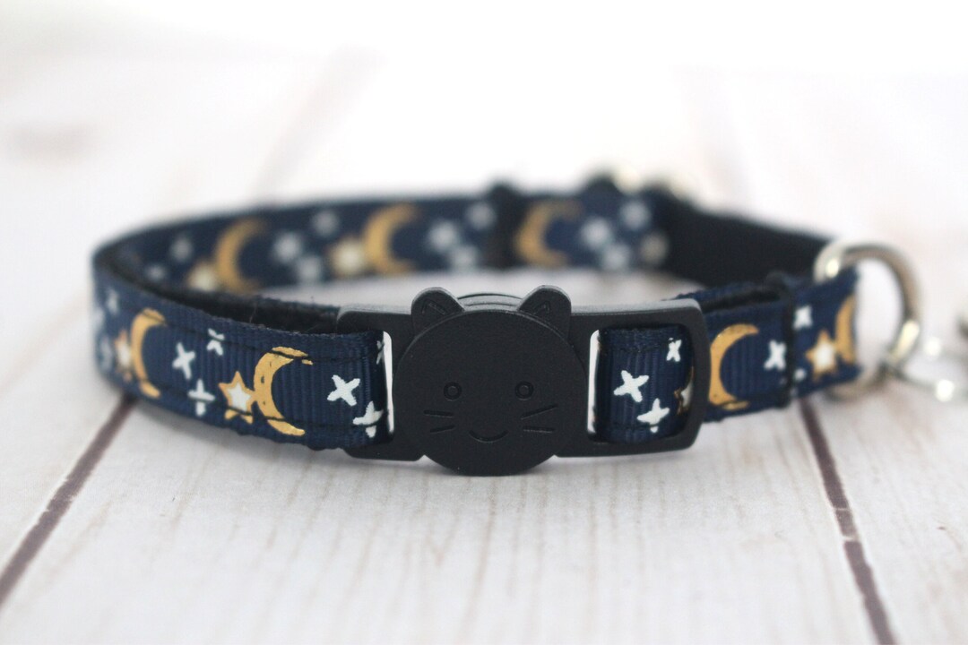 Navy Blue Shiny Moon and Stars Cat Collar With Gold Stars Luna, Stella