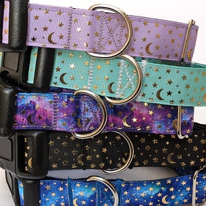 Cosmo Galaxy Dog Collars | 5 Colors Blue Purple Black Mint Green | Shiny Gold Stars | Space Stars and Moon Collar | 3 Sizes & Adjustable