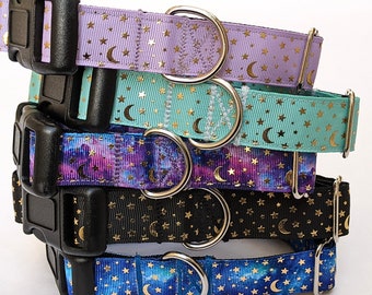 Cosmo Galaxy Dog Collars | 5 Colors Blue Purple Black Mint Green | Shiny Gold Stars | Space Stars and Moon Collar | 3 Sizes & Adjustable