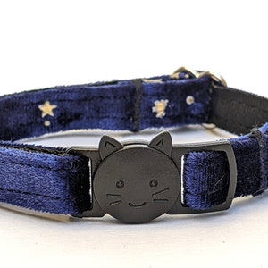 Soft Blue Velvet Cat Collar With Stars - Breakaway Kitty Collar With Removable Bell