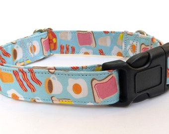 Breakfast Foodie Fabric Dog Collar - Bacon, Eggs, Toast, Coffee Handmade Pet Collar