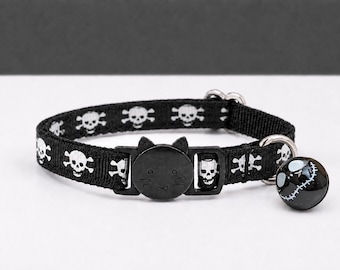 Skulls and Crossbones Cat Collar With Matching Bell | Gothic, Halloween Breakaway Cat Collar