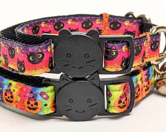 Collares de Halloween para gatos o perros pequeños / Collar con forma de calabaza y gato negro / Collares espeluznantes con cascabel / Ajustables y hechos a mano