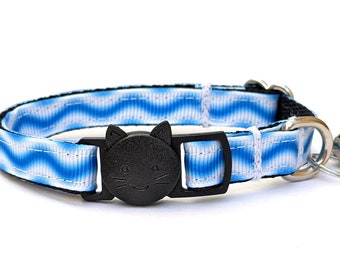 Wavy Blue Breakaway Cat Collar with Bell - Thin, Adjustable & Lightweight Kitty Collar