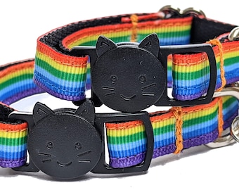 Collar para gato con rayas arcoíris y diseño LGBTQ+ - Collar de seguridad con cascabel
