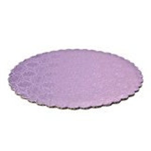May include: Purple round cake board with a scalloped edge.
