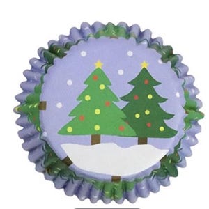 May include: Purple and green cupcake liners with a winter scene featuring two green Christmas trees with yellow and red ornaments, a white snowy base, and white snowflakes on a purple background.