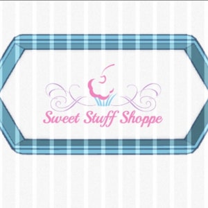 May include: A blue and white checkered hexagon-shaped frame with the text "Sweet Stuff Shoppe" and a pink cupcake with a cherry on top.