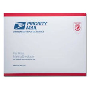 May include: A white Priority Mail flat rate mailing envelope with a red border and the United States Postal Service logo. The envelope is for domestic and international use.