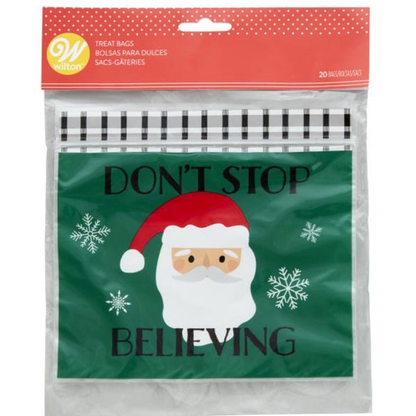 CHRISTMAS RESEALABLE TREAT Bags,  7" x 5.5" Package of 20, Santa Treat Bags, Wilton Treat Bags