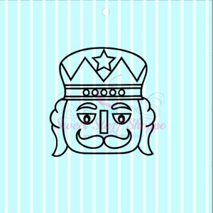 May include: Black and white line art illustration of a Nutcracker's face with a crown and a star on top. The Nutcracker has a mustache and a serious expression.