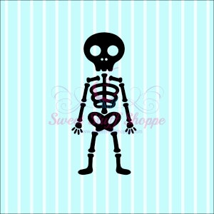 May include: Black and white cartoon skeleton with a round head and a simple ribcage, pelvis, and leg bones.