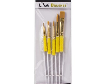 May include: A set of five craft brushes with yellow handles and gold ferrules. The brushes are packaged in a clear plastic bag with a black header card that reads "PME Craft Brushes".