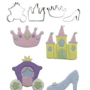 May include: A set of six princess-themed cookie cutters. The cutters are made of metal and feature a carriage, castle, crown, and glass slipper.