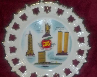 1960s Reticulated Collectible New York City Souvenir Plate Featuring Twin Towers Pre-September 11th