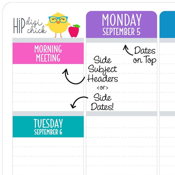 Teacher SIDE Subjects, Side Dates, Vertical Top Dates Custom Headers Planner Stickers