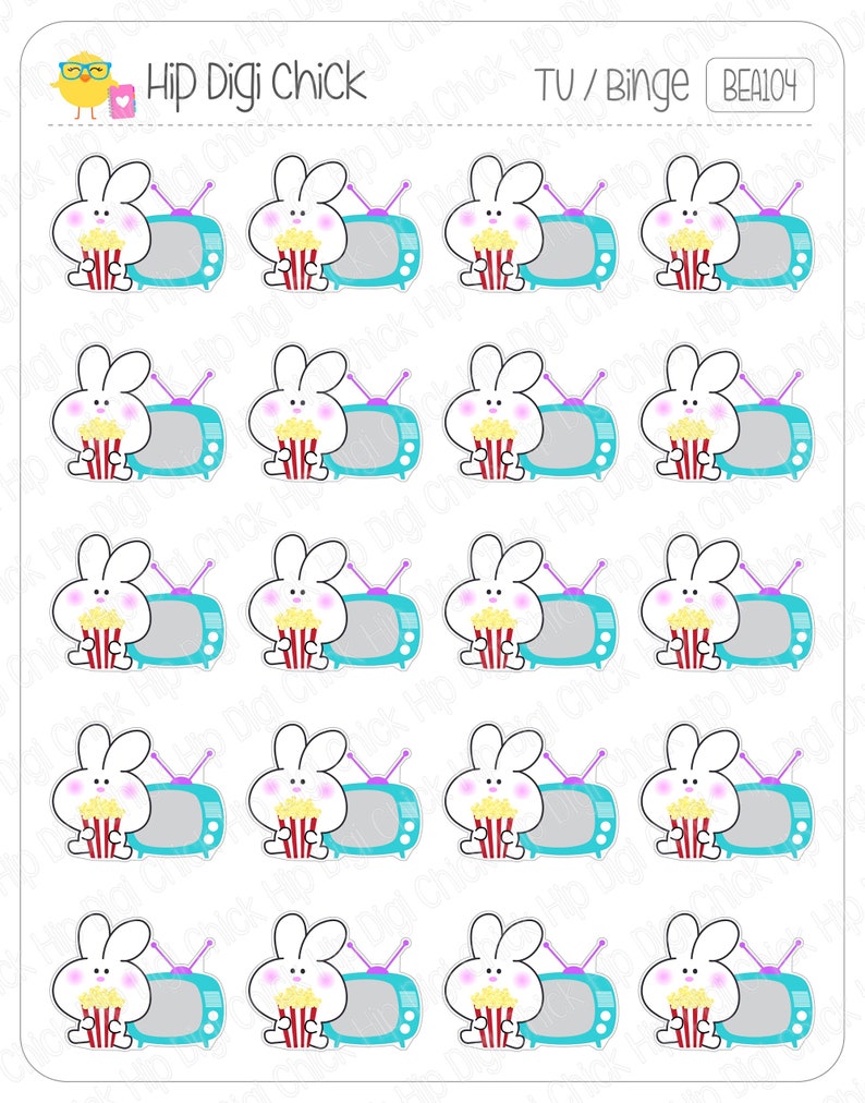 Op de afbeelding: Een vel met 15 stickers met een cartoonkonijn dat televisie kijkt met een emmer popcorn. De stickers zijn wit met roze accenten en de tekst "Hip Digi Chick" en "TV / Binge" staat bovenaan het vel. De tekst "BEA104" staat in de rechterbovenhoek.