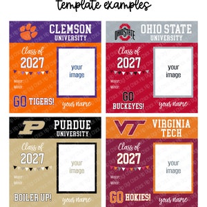 Op de afbeelding: Vier afstudeer templates met collegethema's, elk met ruimte voor een foto en naam. Ontwerpen bevatten schoollogo's, de tekst "Klasse van 2027" en motiverende zinnen. Scholen zijn onder meer Clemson, Ohio State, Purdue en Virginia Tech.