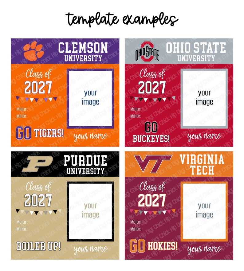 Op de afbeelding: Vier afstudeer templates met collegethema's, elk met ruimte voor een foto en naam. Ontwerpen bevatten schoollogo's, de tekst "Klasse van 2027" en motiverende zinnen. Scholen zijn onder meer Clemson, Ohio State, Purdue en Virginia Tech.