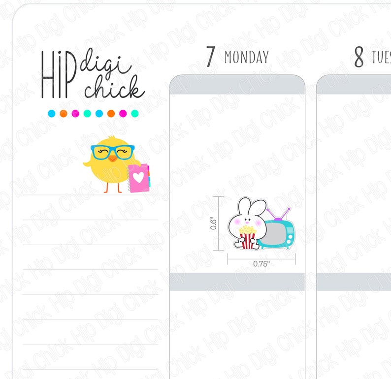 Op de afbeelding: Een weekplanner met een geel kuiken dat een roze notitieboekje vasthoudt en een wit konijn dat een emmer popcorn vasthoudt voor een blauwe televisie. De planner heeft de tekst "Hip Digi Chick" bovenaan en de dagen van de week zijn bovenaan elke kolom gelabeld. De planner is 1,5 cm bij 1,9 cm.