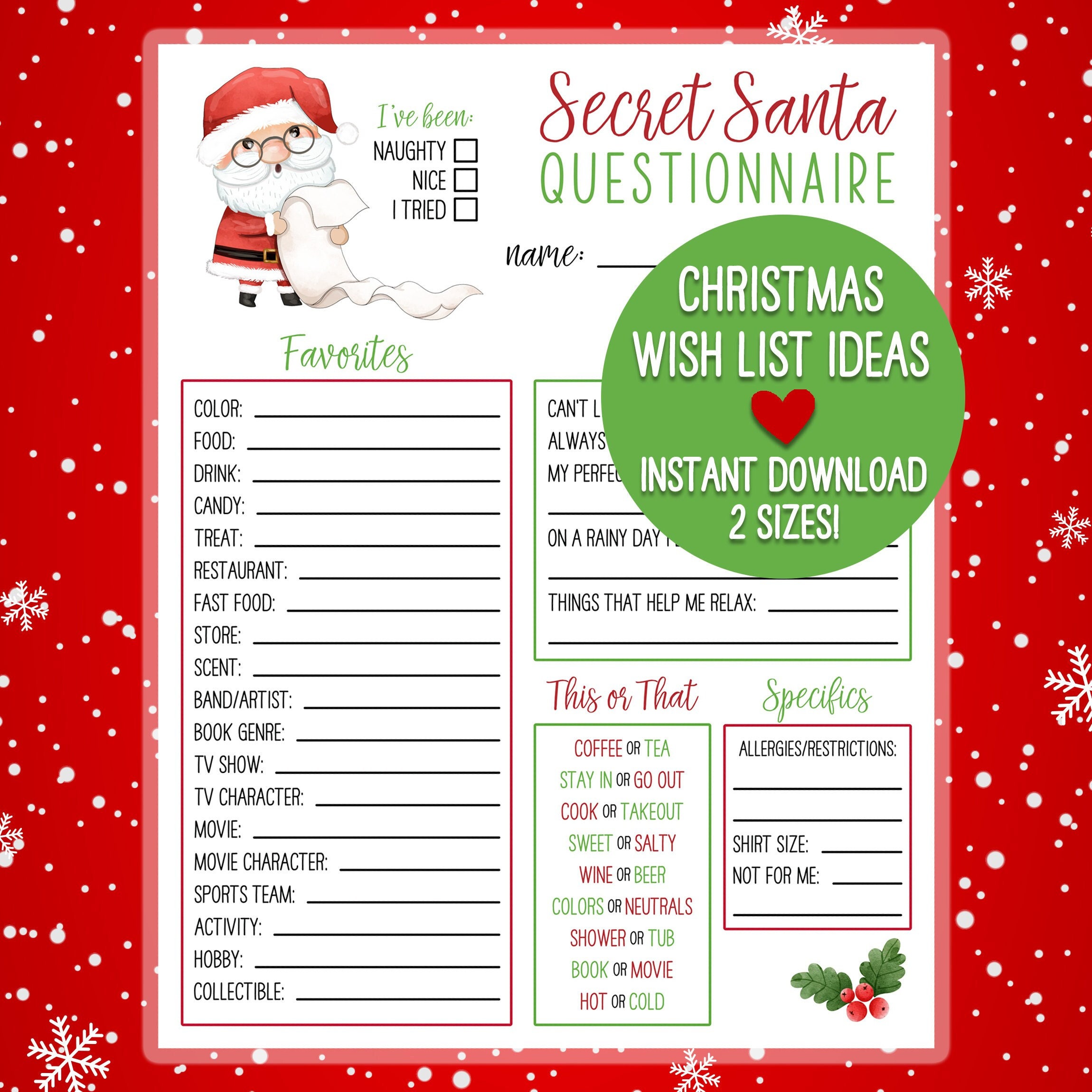 PRINTABLE Secret Santa Christmas Wish List Holiday Gift Exchange ...