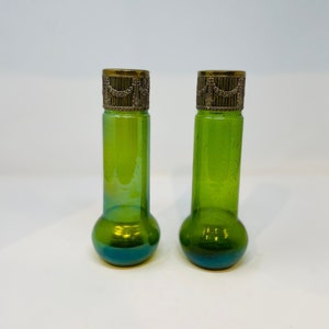Pair of Antique Green Glass Austrian Vases Art Nouveau Metal Mount vases