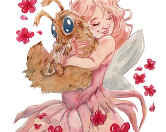 Fairy and Grub Art Print: Whimsical Watercolor Illustration