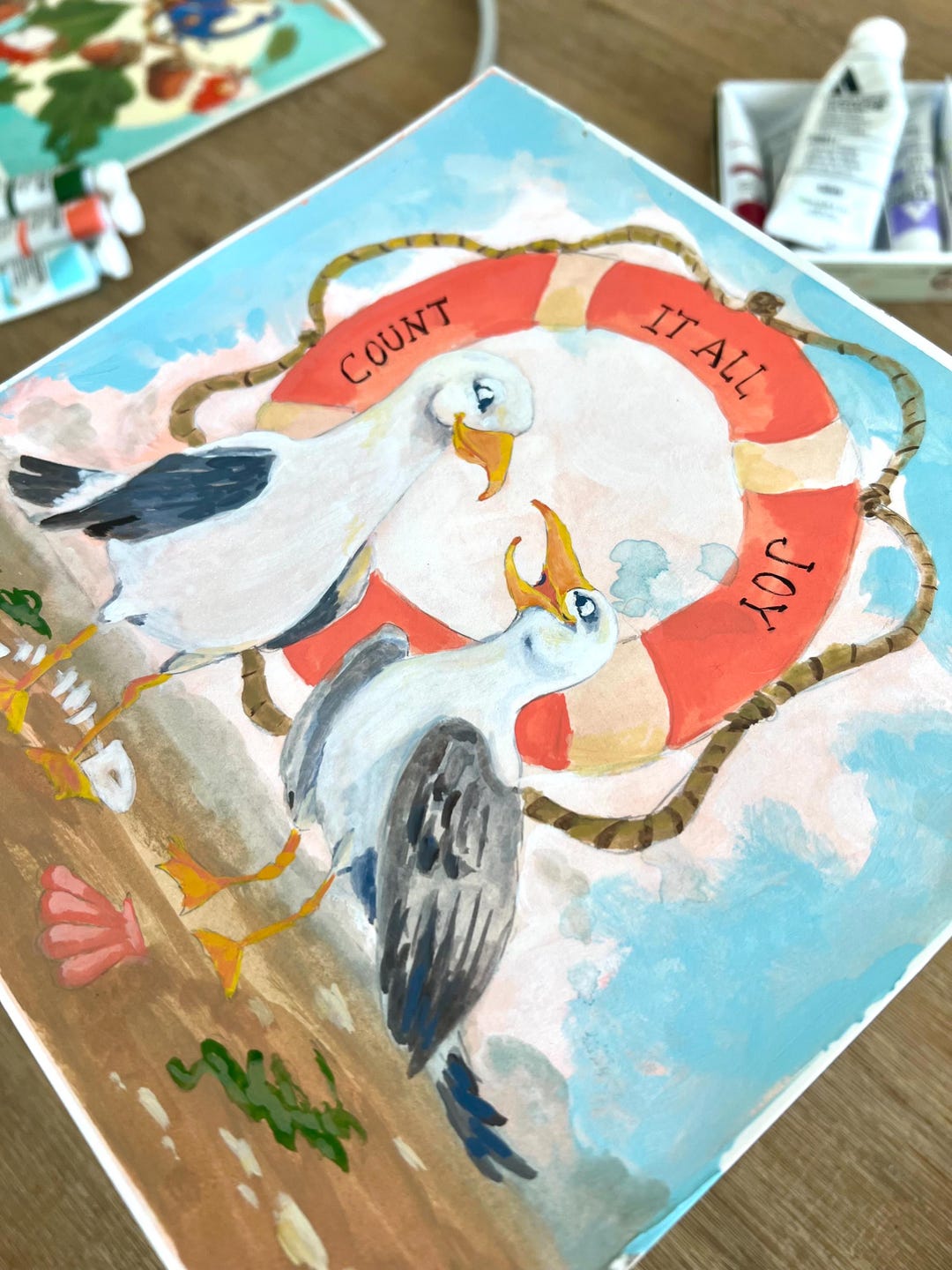Original Seagull Painting: Beach Scene Acrylic Gouache Art (8x8 Inch ...