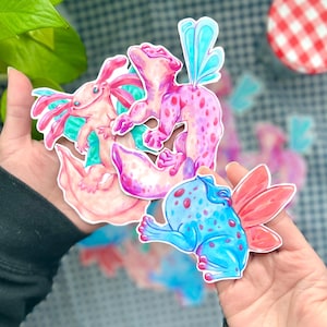 Cute Fairy Frog Gecko Axolotl Waterproof Vinyl Sticker Set | Pastel Amphibian Fairies | Fun Frog and Axolotl Decal