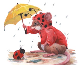 Watercolor Gouache Rainy Day Friend Illustration PRINT , Limited Online Release (25)