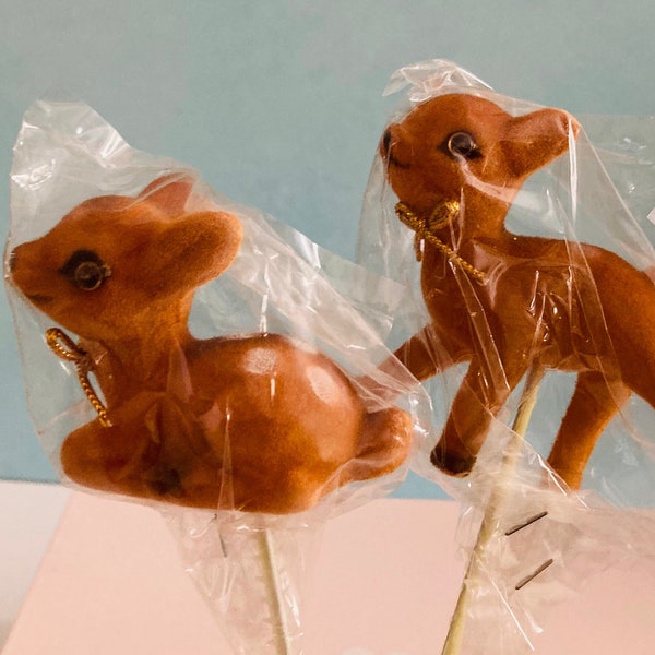 Two Vintage Baby Deer Felted Floral Picks Original Packaging
