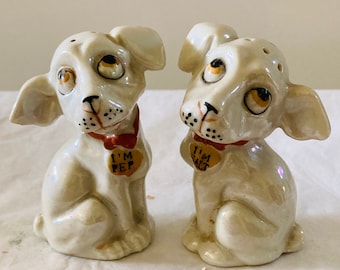 Vintage Weird Dog Salt and Pepper Shakers, Made in Japan Lusterware, "Pep and Salt"